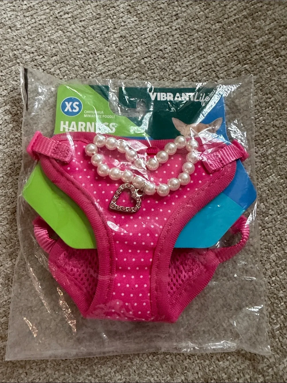 NWT Vibrant Life XS Pink Polka Dot Dog Harness with Pearl Charm